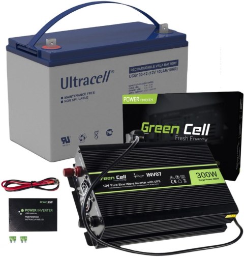 ZESTAW PRZETWORNICA Green Cell 12V/ 230V 300W/600W CZYSTY SINUS + AKUMULATOR AGM ULTRACELL 12V 100Ah